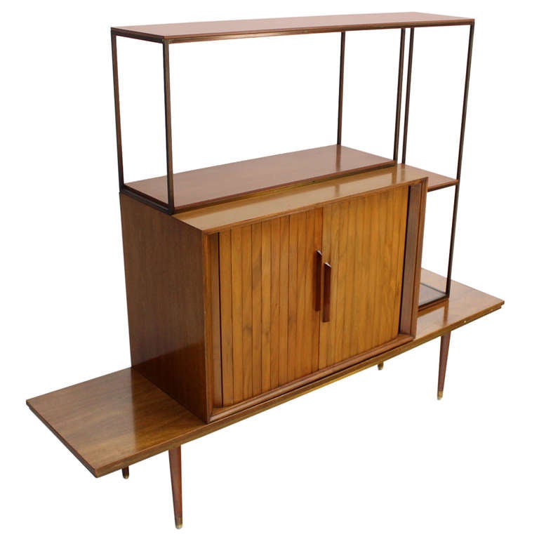 Mid Century Modern Walnut Etagere Credenza Room Divider 
