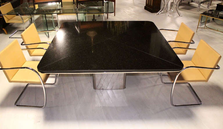Polished Square Granite Top and Stainless Base Dining or Conference Table by Brueton