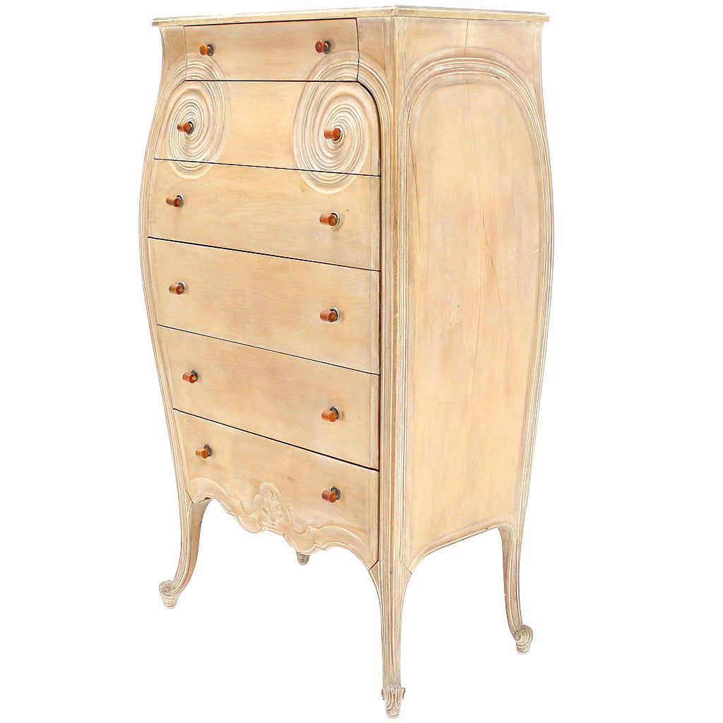 Carved Bombay High Chest Dresser with Bakelite Pulls on High Legs, circa 1930s