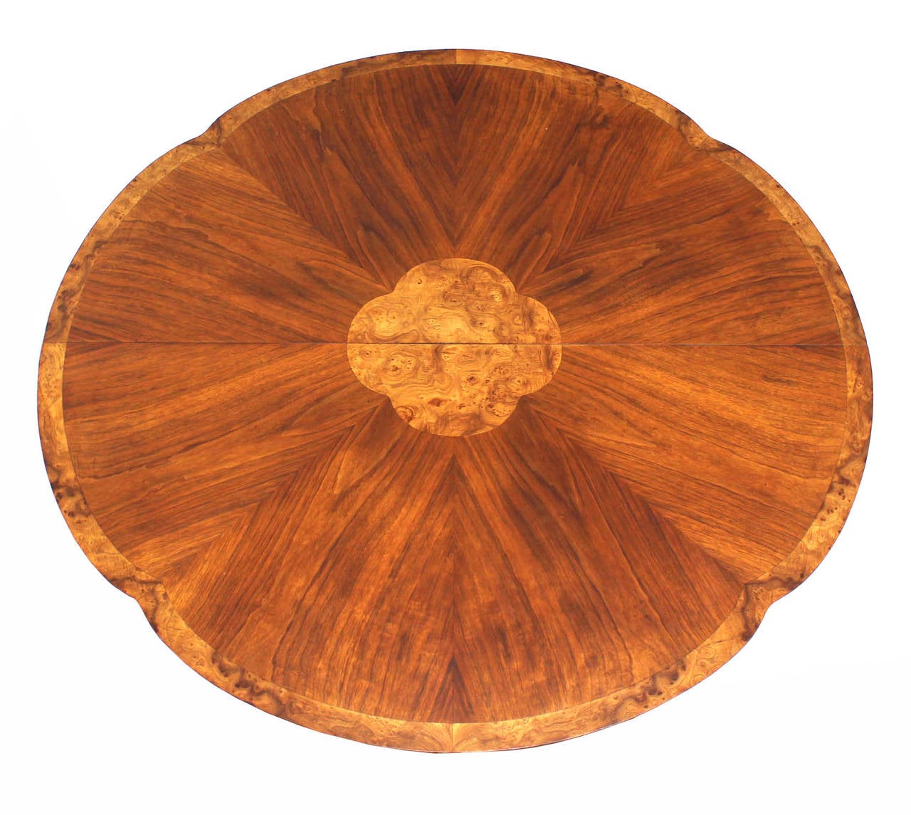 American Burl Wood Inlay and Walnut Single-Pedestal Dining Table with Three Leaves