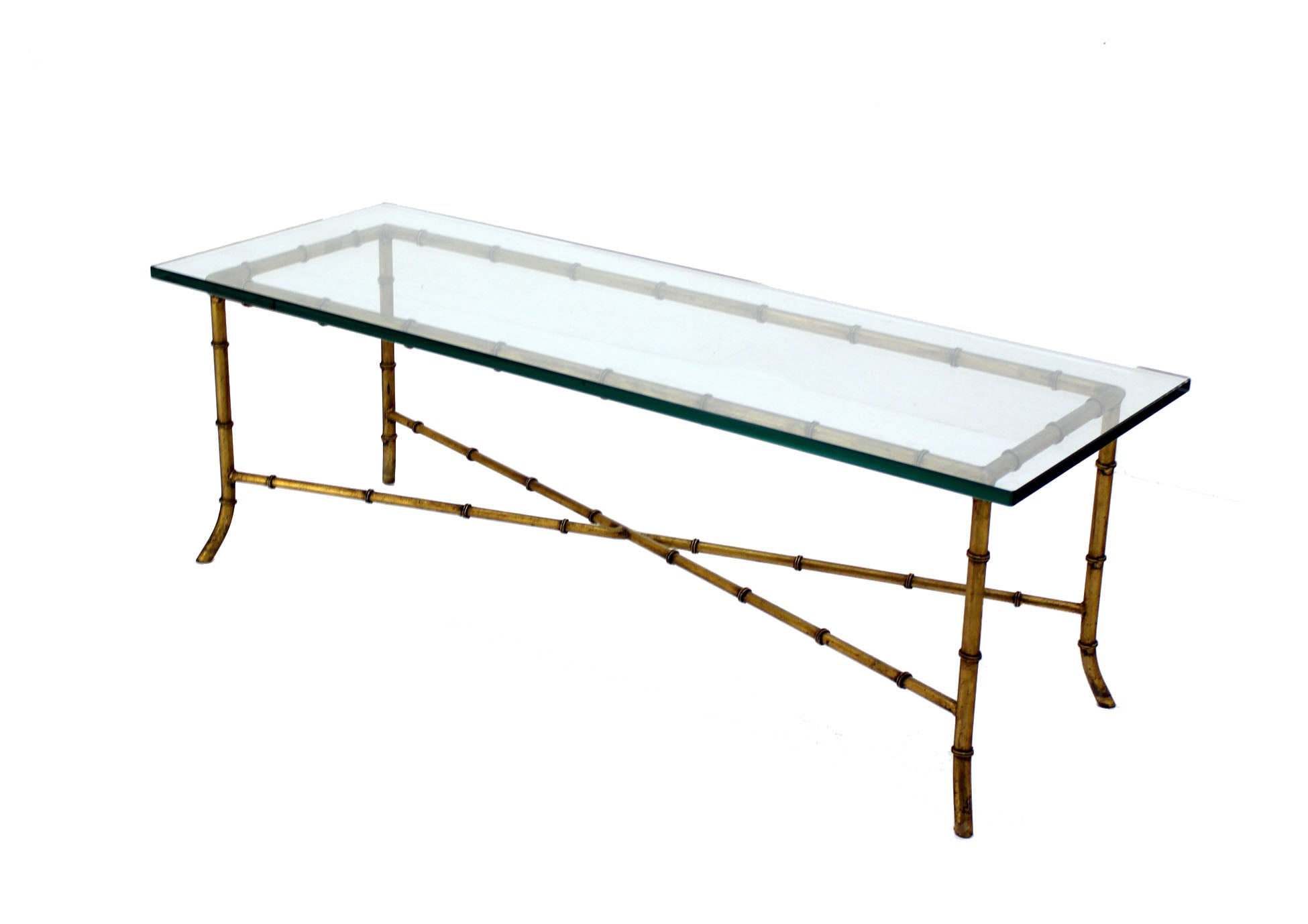 X Base Rectangular Mid Century Modern Gilt  Faux Bamboo Glass Top Coffee Table