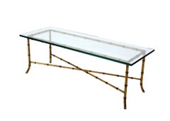 X Base Rectangular Mid Century Modern Gilt  Faux Bamboo Glass Top Coffee Table