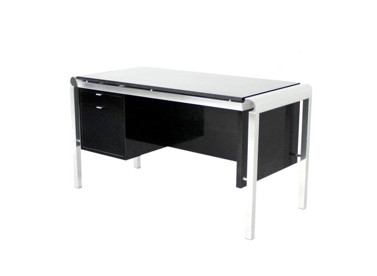 20th Century Mid Century Italian Modern Thick Black Marble Granite Top Desk  