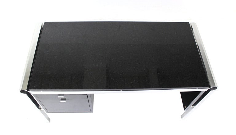 Polished Mid Century Italian Modern Thick Black Marble Granite Top Desk  