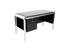 Mid Century Italian Modern Thick Black Marble Granite Top Desk  