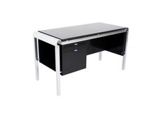 Mid Century Italian Modern Thick Black Marble Granite Top Desk