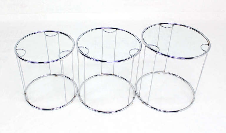 Set of Three Round Chrome and Glass Nesting End Tables by Baughman Decor 1