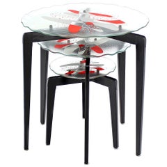 Art Glass Top Scallop Edge Tapered Leg Stackable Nesting Side Tables