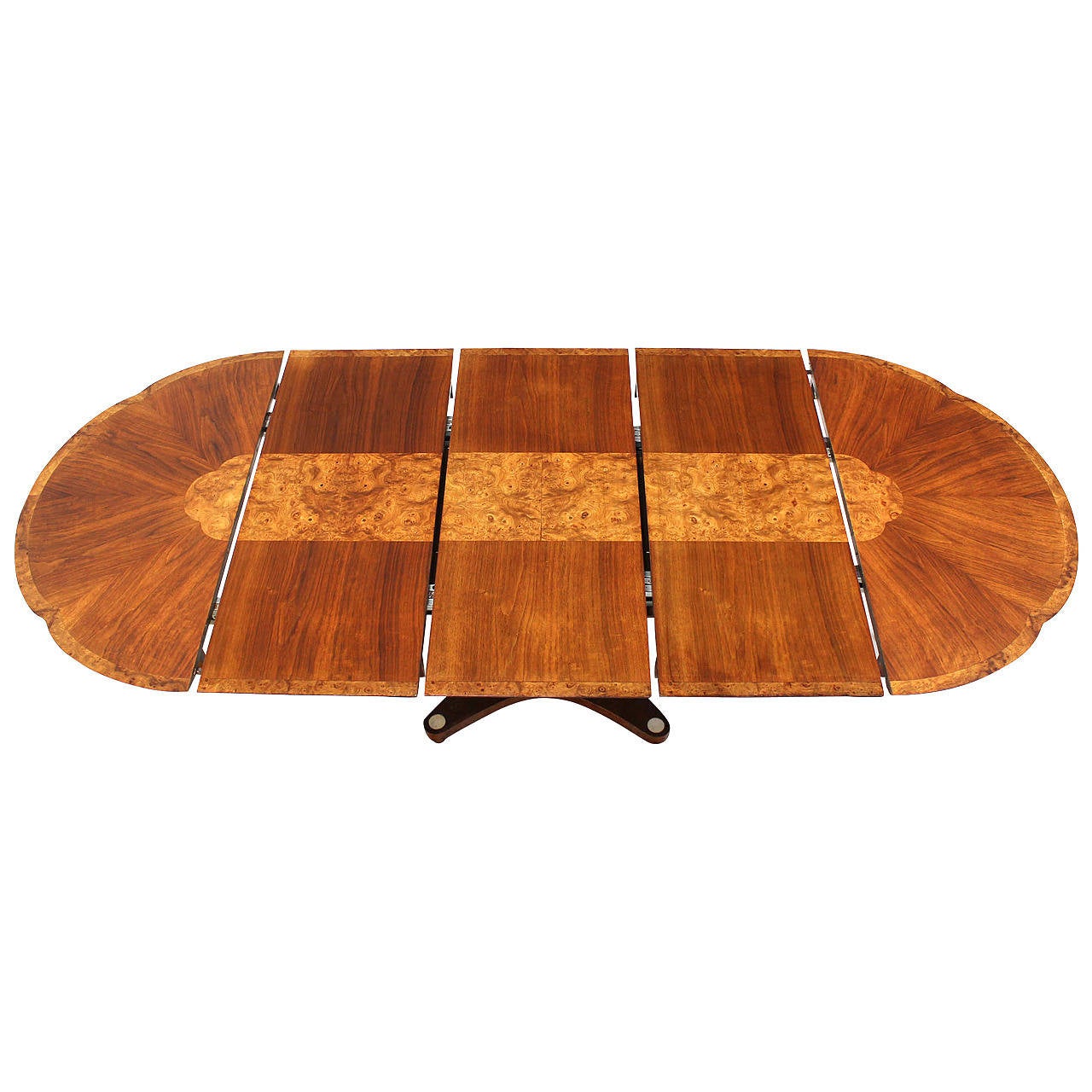 Burl Wood Inlay and Walnut SinglePedestal Dining Table with Three Leaves at 1stDibs