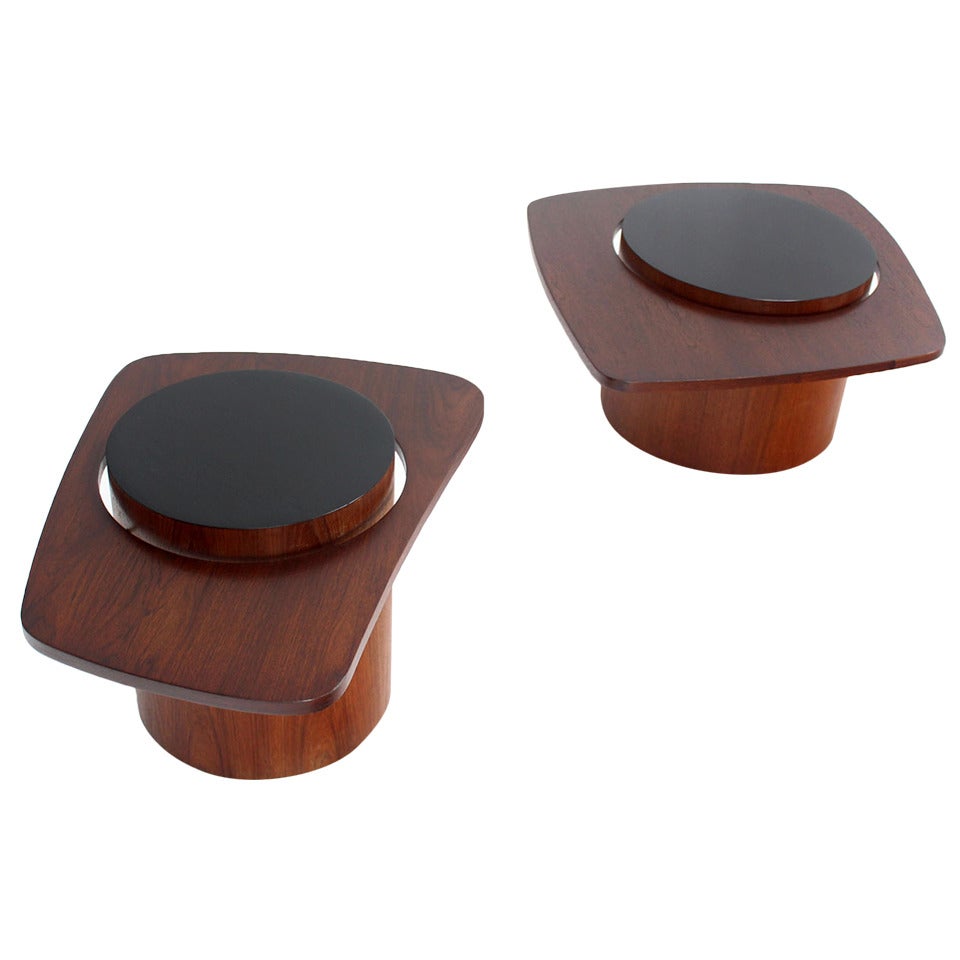 Danish Modern Pair of Walnut, Organic Shape End Tables on Pedestal Bases