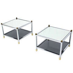 Pair of Square Chrome, Brass, Smoked Glass-Top End or Side Tables by Baughman