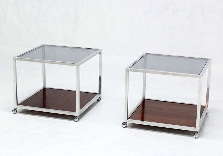 Pair of Mid-Century Modern Cube Glass and Rosewood End Tables by Baughman 3