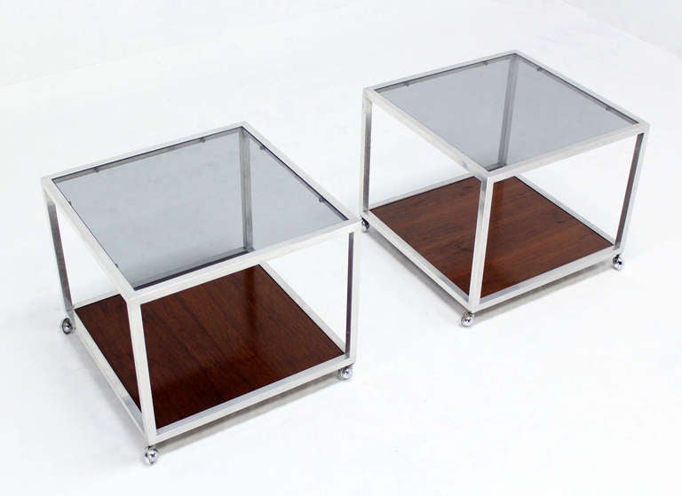 Pair of Mid-Century Modern Cube Glass and Rosewood End Tables by Baughman 2