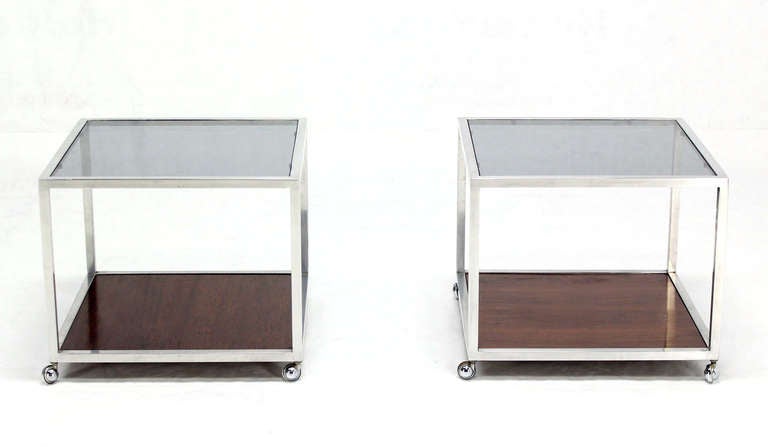 Pair of Mid-Century Modern Cube Glass and Rosewood End Tables by Baughman 1