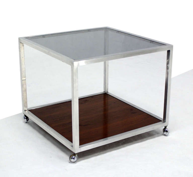 Smoked Glass Pair of Mid-Century Modern Cube Glass and Rosewood End Tables by Baughman