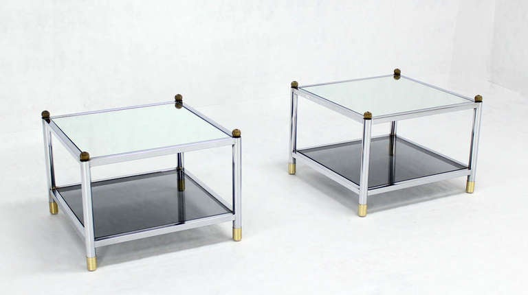 20th Century Pair of Square Chrome, Brass, Smoked Glass-Top End or Side Tables by Baughman