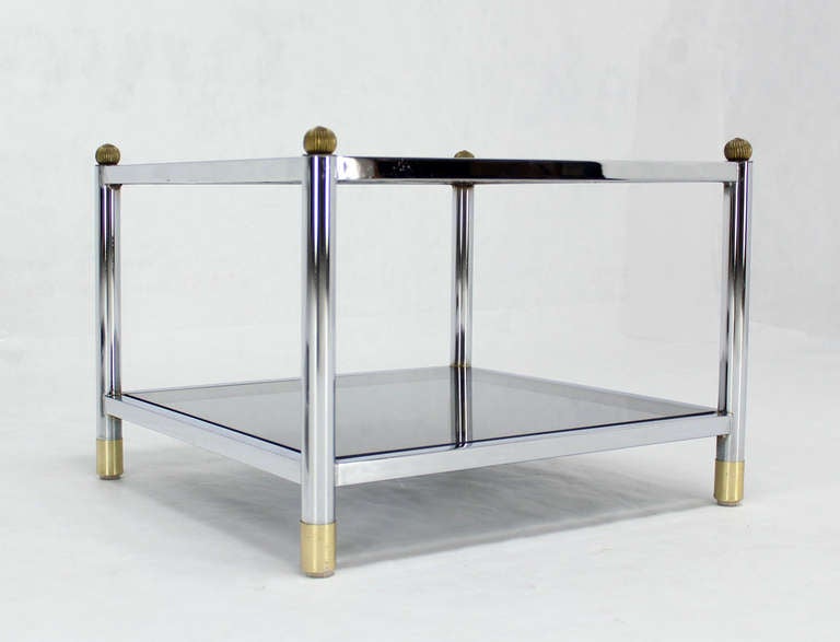 Pair of Square Chrome, Brass, Smoked Glass-Top End or Side Tables by Baughman In Excellent Condition In Rockaway, NJ