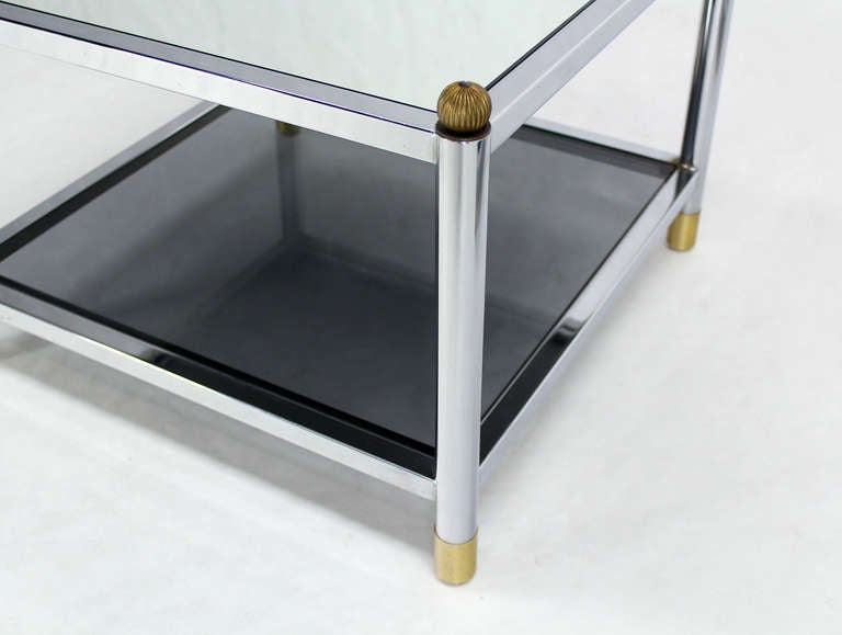 American Pair of Square Chrome, Brass, Smoked Glass-Top End or Side Tables by Baughman