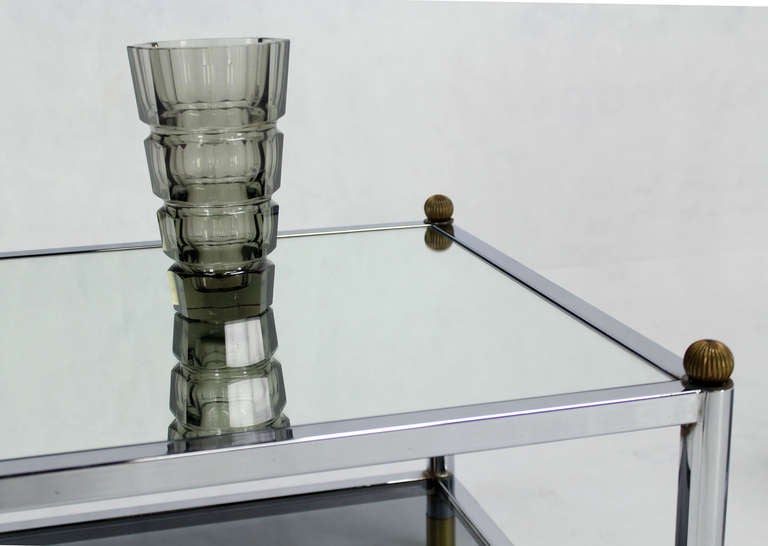 Mid-Century Modern Pair of Square Chrome, Brass, Smoked Glass-Top End or Side Tables by Baughman
