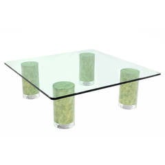 Huge Square Glass Top Coffee Table on Thick Cylinder Legs 10