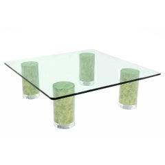 Huge Square Glass Top Coffee Table on Thick Cylinder Faux Finish Legs