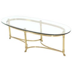 Brass Base and Glass-Top Oval Coffee Table with Hoof Feet