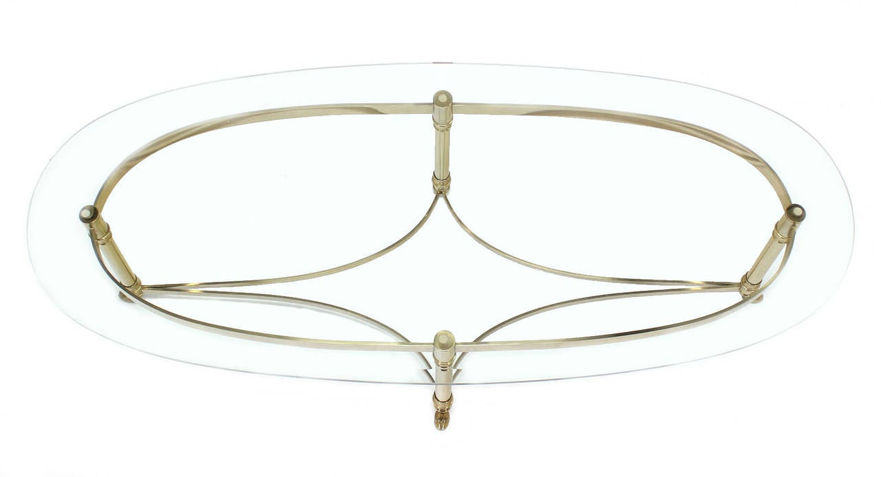 Mid-Century Modern Brass Base and Glass-Top Oval Coffee Table with Hoof Feet