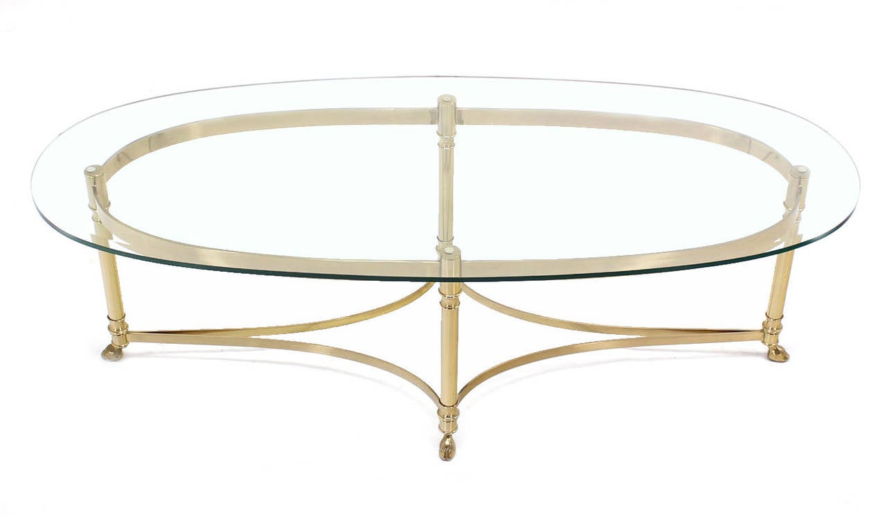 Brass Base and Glass-Top Oval Coffee Table with Hoof Feet 2