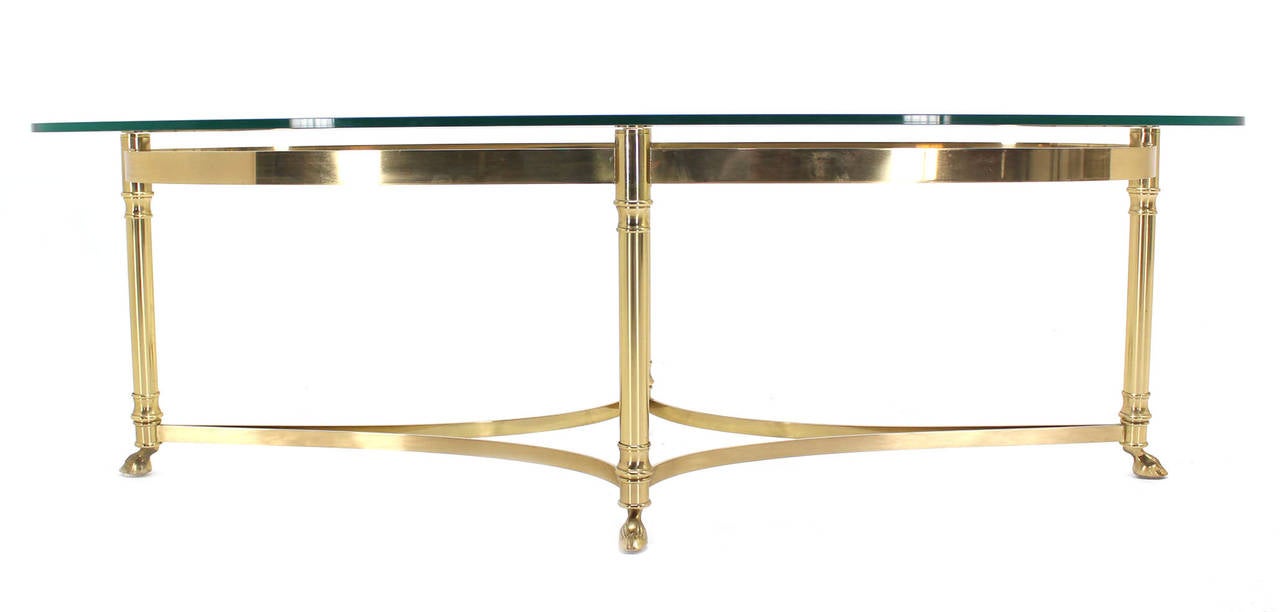 American Brass Base and Glass-Top Oval Coffee Table with Hoof Feet
