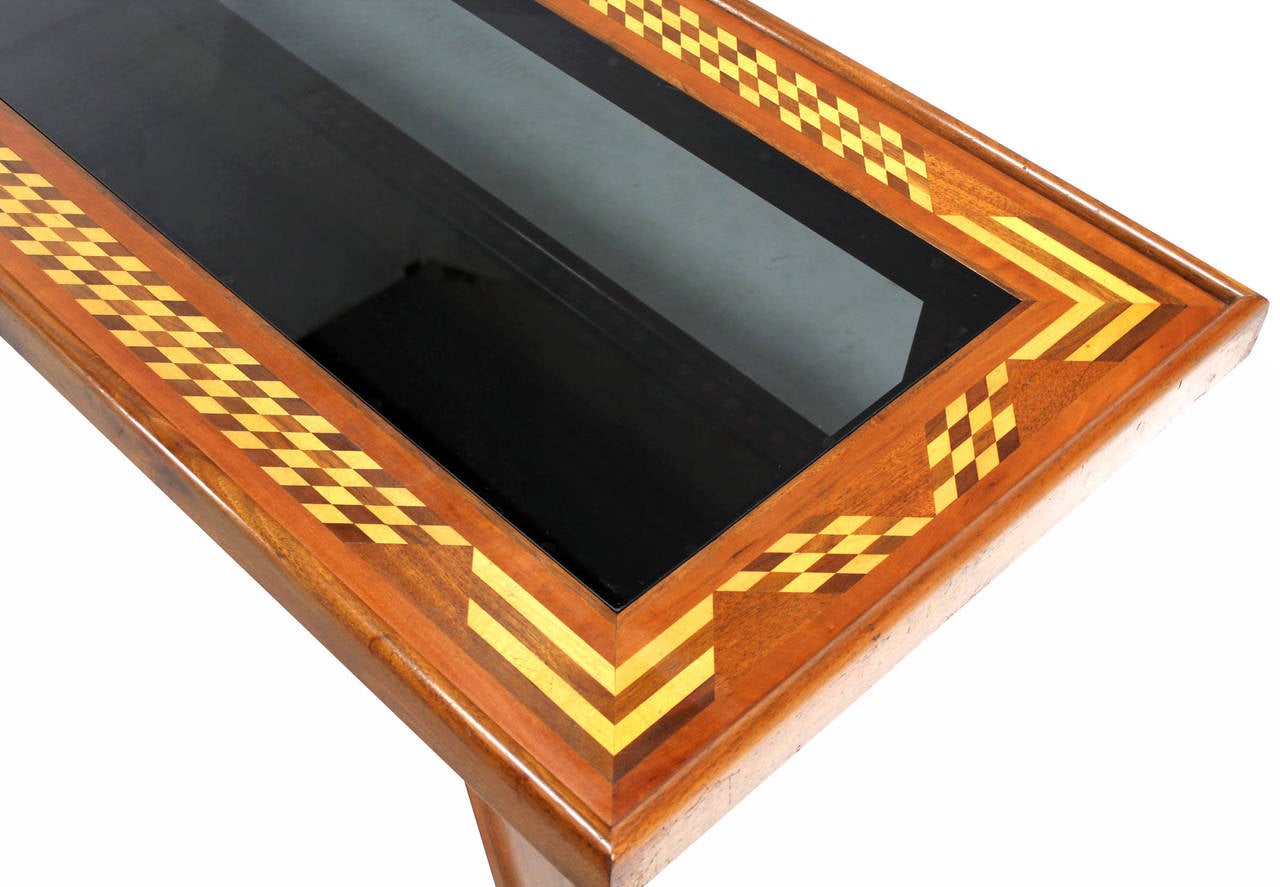 Mid-Century Modern Walnut Smoked Glass Top Marquetry Design Long Coffee Table