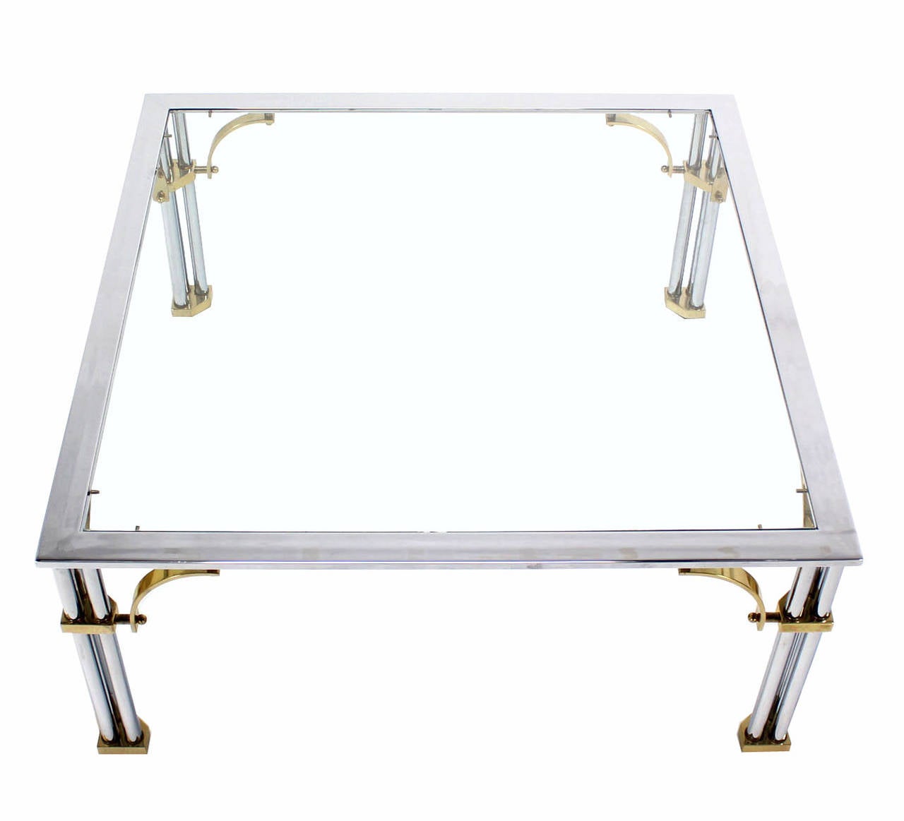 Brass Chrome Glass Top Square Coffee Table In Excellent Condition In Rockaway, NJ
