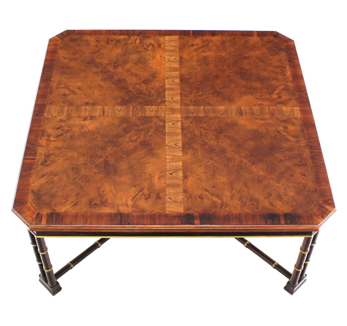 John Widdicomb bamboo base burl wood top coffee table. Excellent vintage condition.