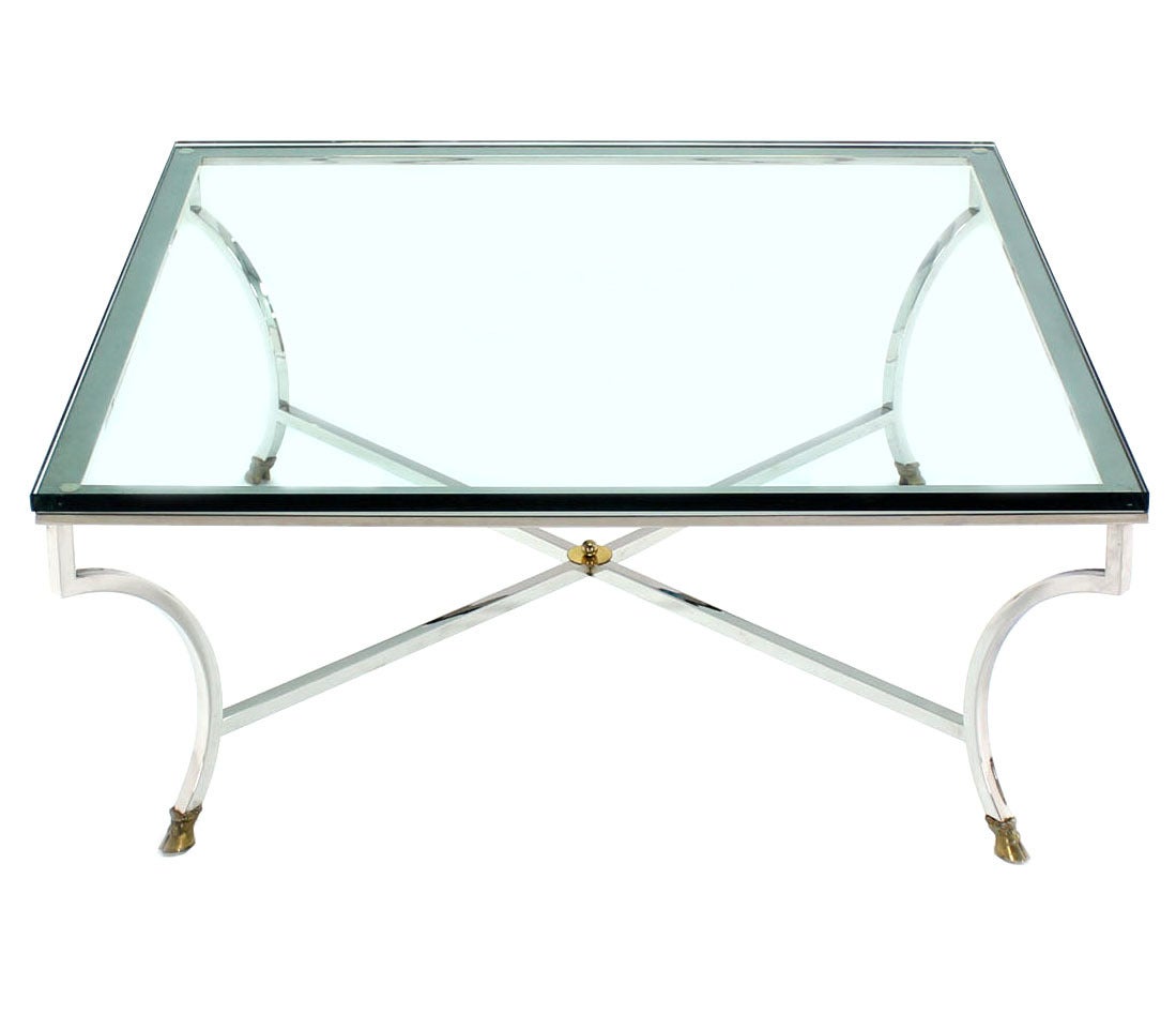Glass Top Square Coffee Table with Chrome and Brass HoofFeet Base For