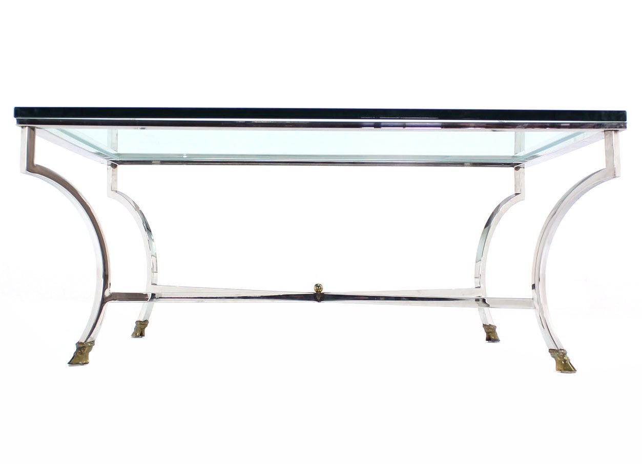 20th Century Glass Top Square Coffee Table with Chrome and Brass Hoof-Feet Base