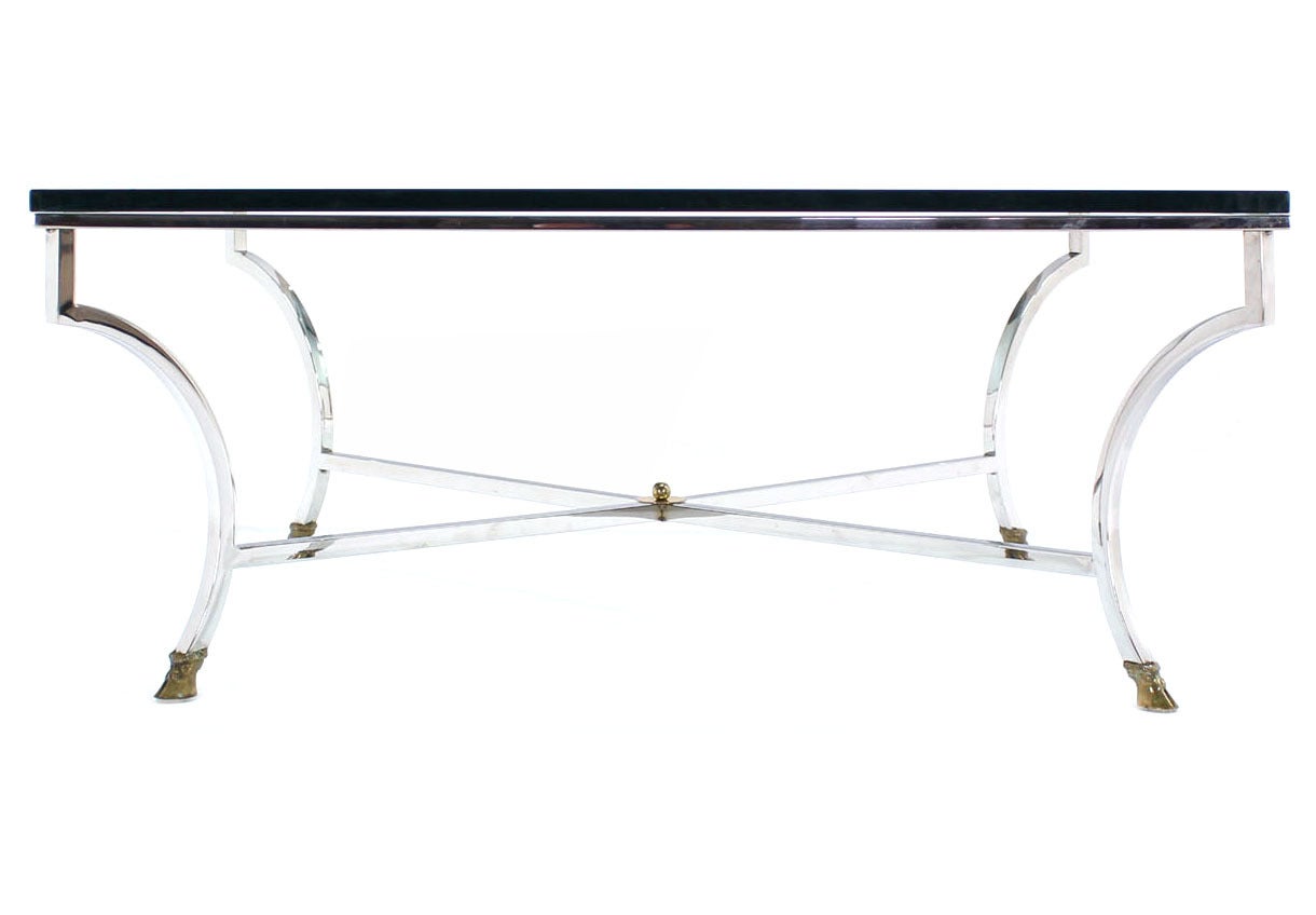 Cast Glass Top Square Coffee Table with Chrome and Brass Hoof-Feet Base