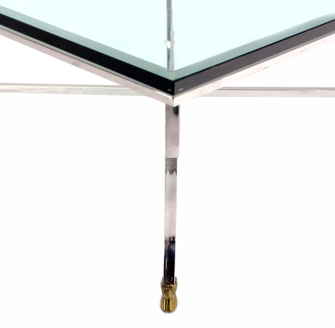 American Glass Top Square Coffee Table with Chrome and Brass Hoof-Feet Base