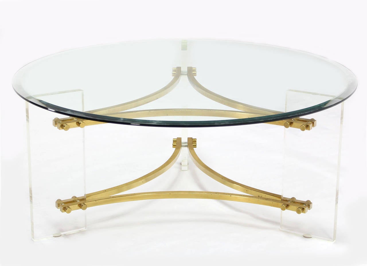 Mid-Century Modern Charles Hollis Jones Glass, Brass, and Lucite Round Coffee Table
