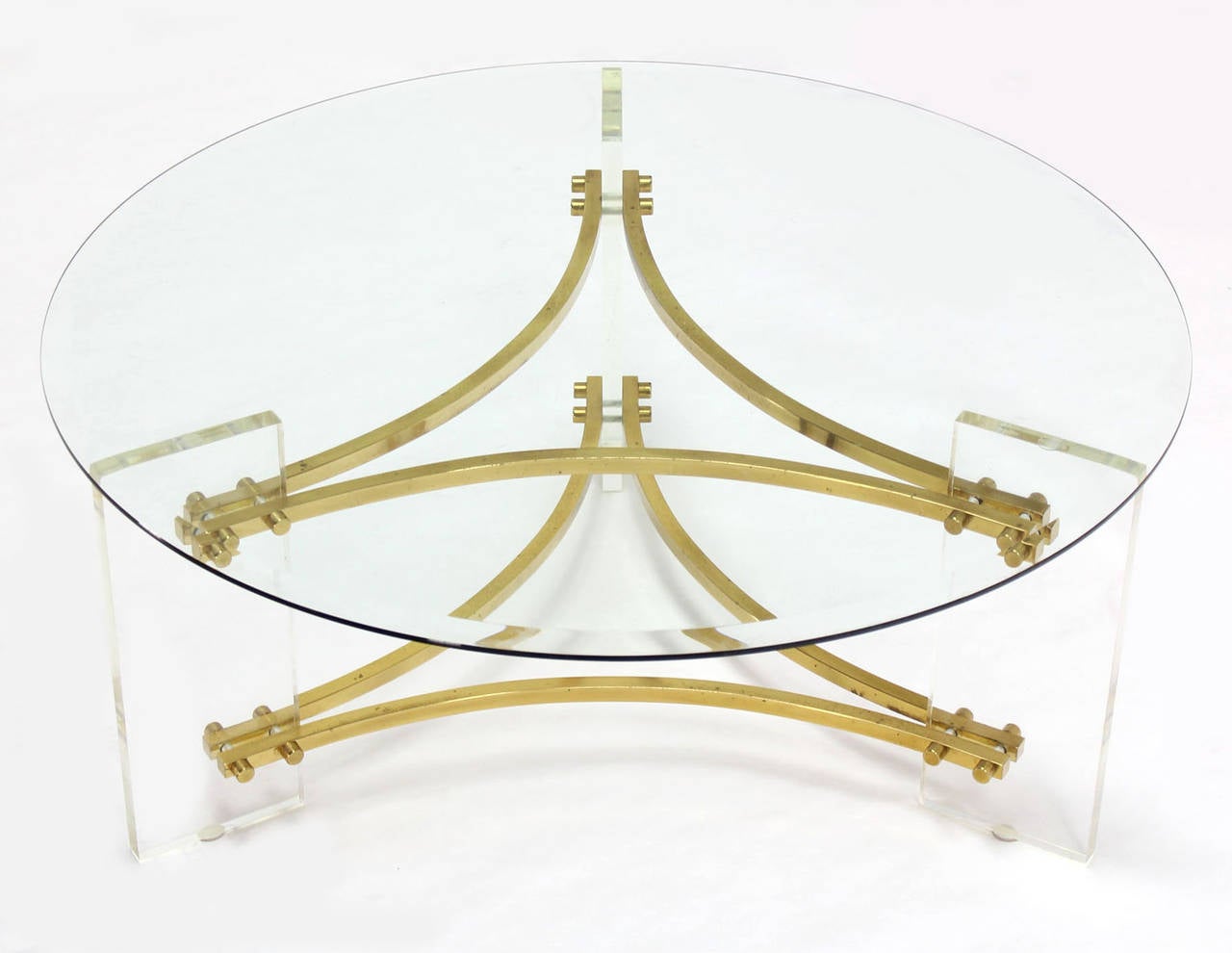 20th Century Charles Hollis Jones Glass, Brass, and Lucite Round Coffee Table