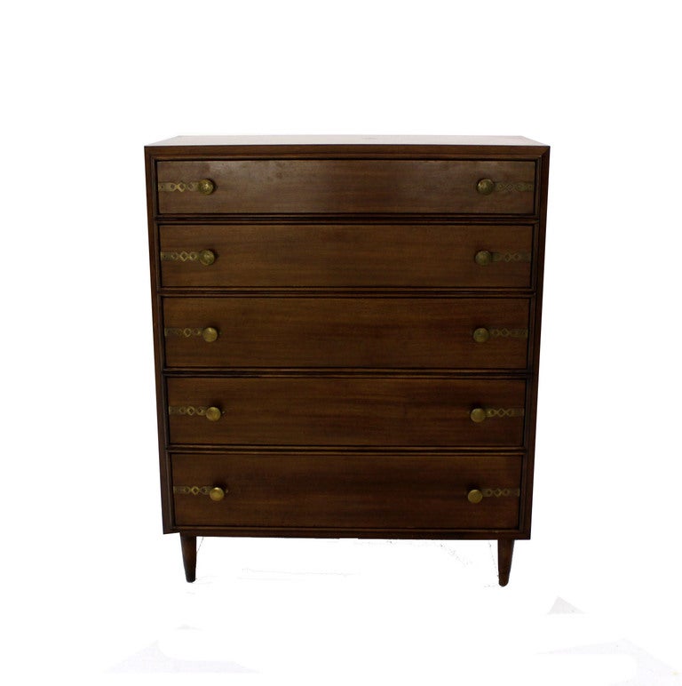 American Johnson for John Stuart Mid Century Modern Walnut High Chest Dresser Brass Pulls