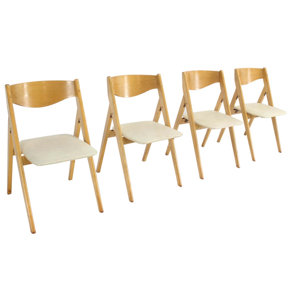 Four Folding Compass Style Mid-Century Modern Chairs with Molded Plywood Backs