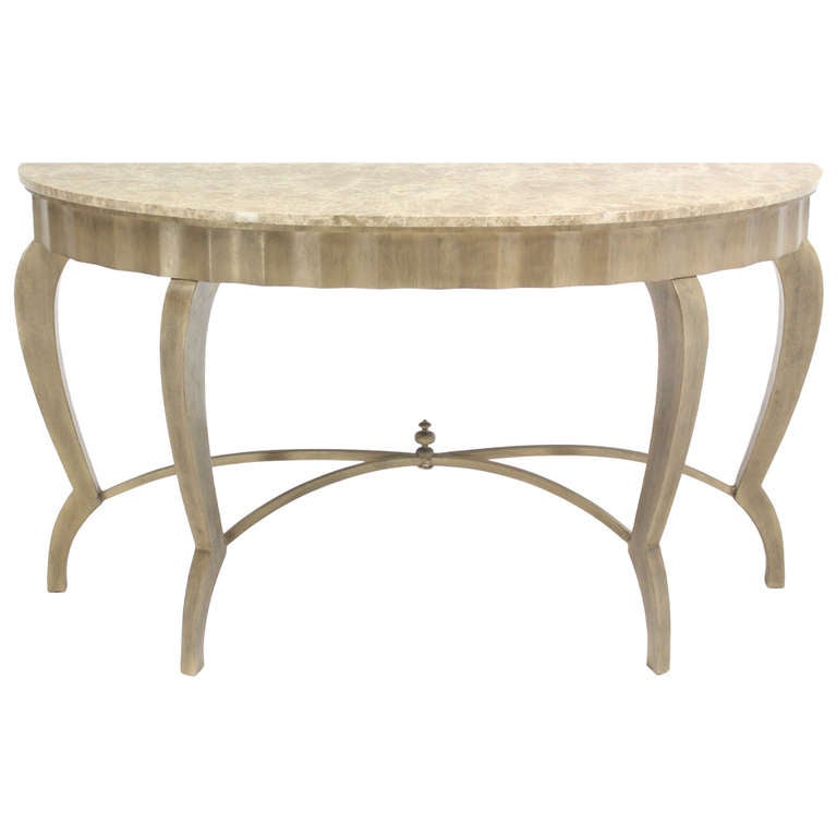 Ovesize Art Deco Silver Leaf with MarbleTop Demilune Console Table For