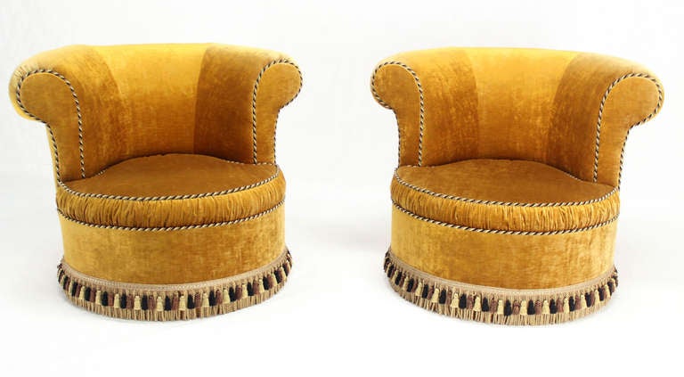 Mid-Century Modern Pair of Large, Gold Velvet Upholstery Lounge, Barrel-Back Chairs