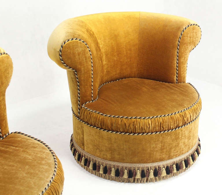 American Pair of Large, Gold Velvet Upholstery Lounge, Barrel-Back Chairs