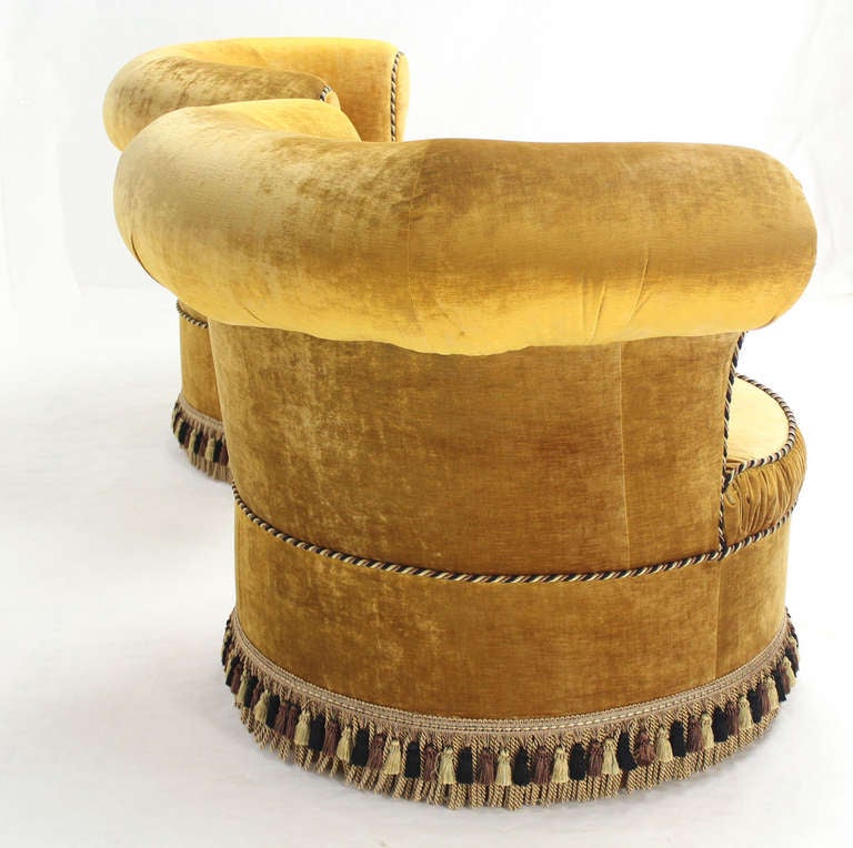 20th Century Pair of Large, Gold Velvet Upholstery Lounge, Barrel-Back Chairs