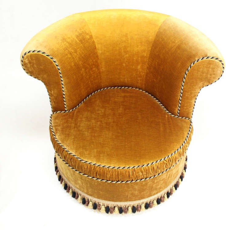 Pair of Large, Gold Velvet Upholstery Lounge, Barrel-Back Chairs 1
