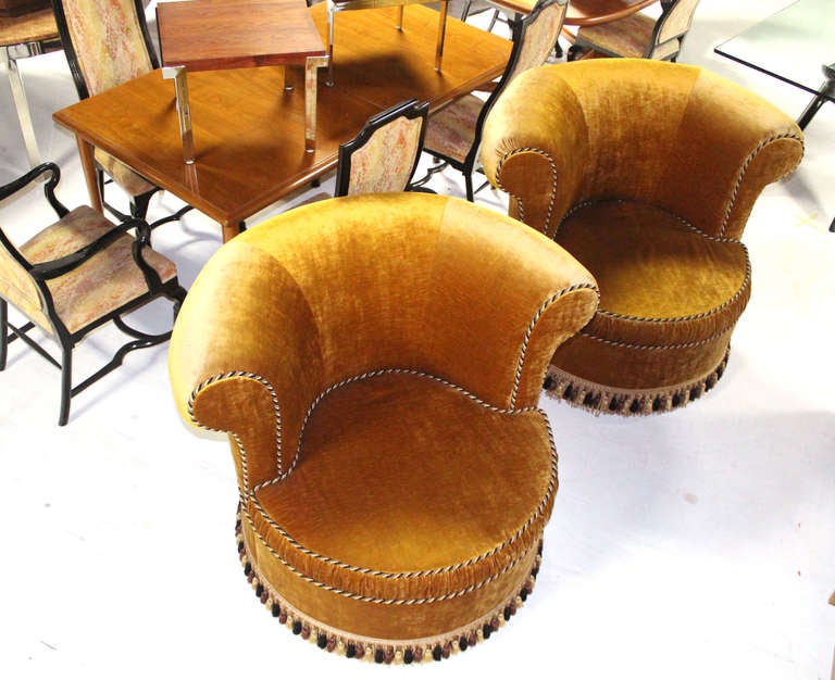 Pair of nice details and quality gold velvet fabric upholstery lounge chairs.