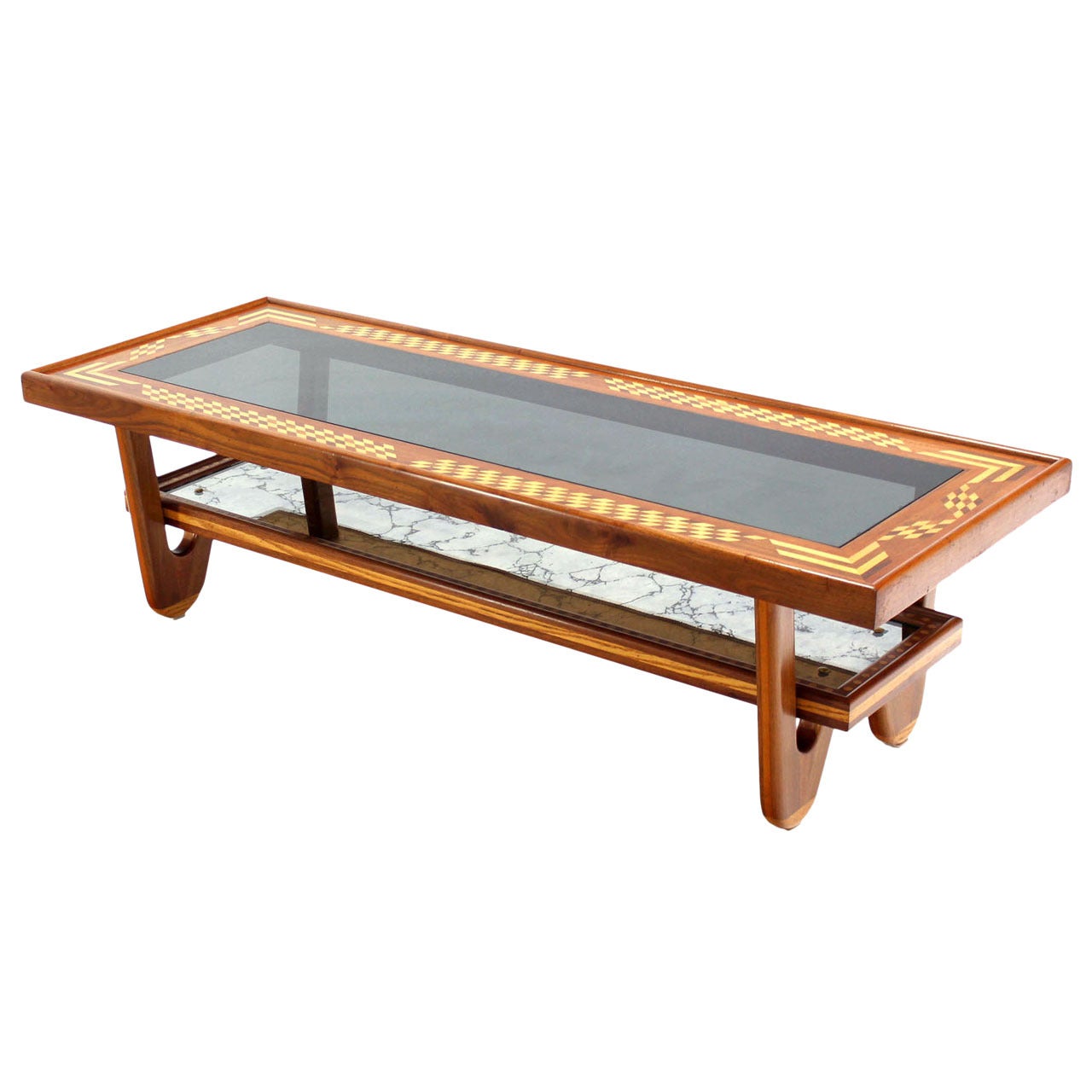 Walnut Smoked Glass Top Marquetry Design Long Coffee Table