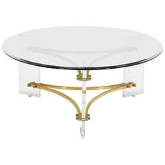 Charles Hollis Jones Glass, Brass, and Lucite Round Coffee Table