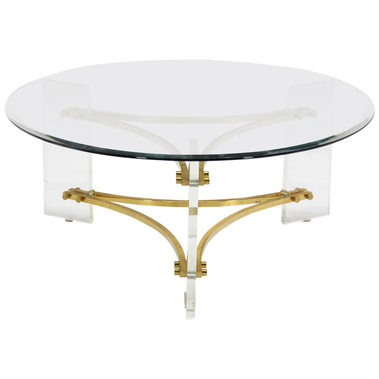 Charles Hollis Jones Glass, Brass, and Lucite Round Coffee Table