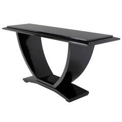 Table console en laque noire avec base en forme de U de Drexel